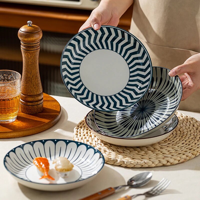 SkandiShop Dinner Plates Japanese Retro 8-Inch Deep Round Plate