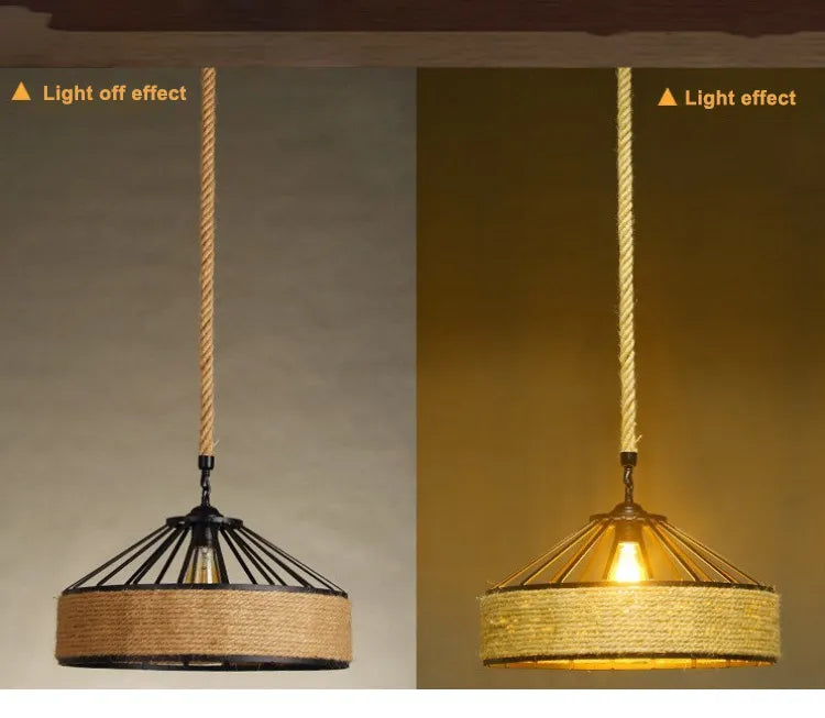 SkandiShop American Retro Iron Art Chandelier E27 Hemp Rope Hanging Lights