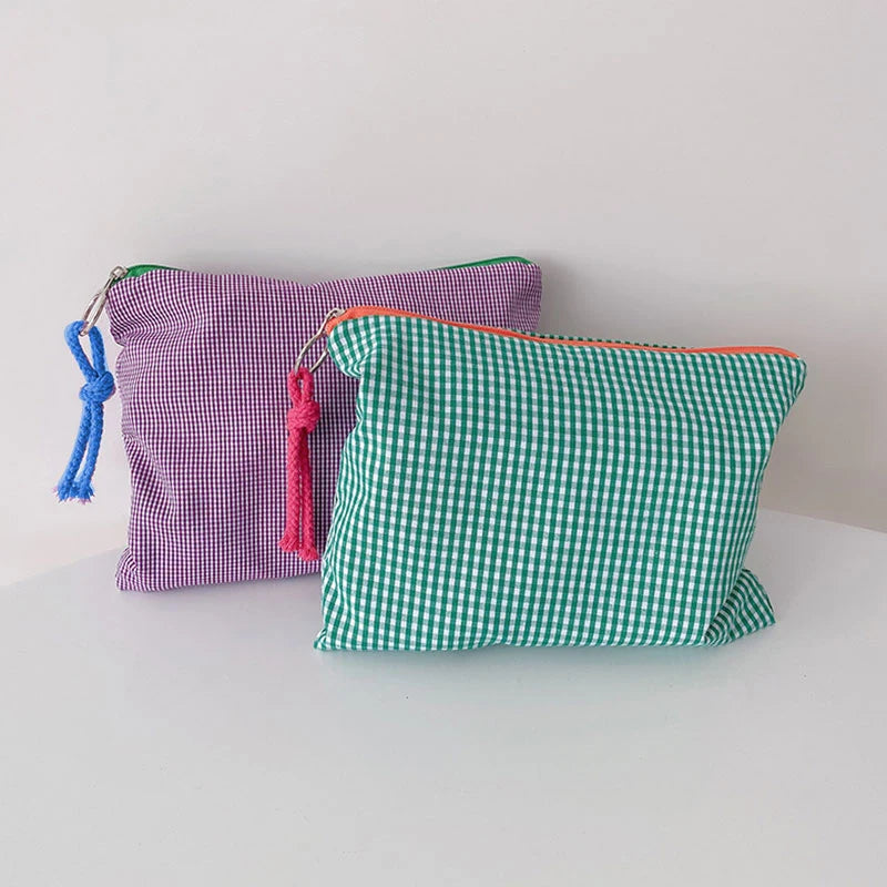 Chic Plaid Cotton-Linen Makeup Bag
