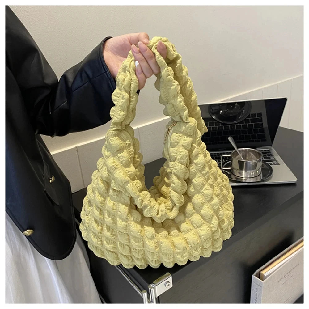 Crossbody Bag with Pleated Design - Embroidered Plaid Shoulder Bag for Women