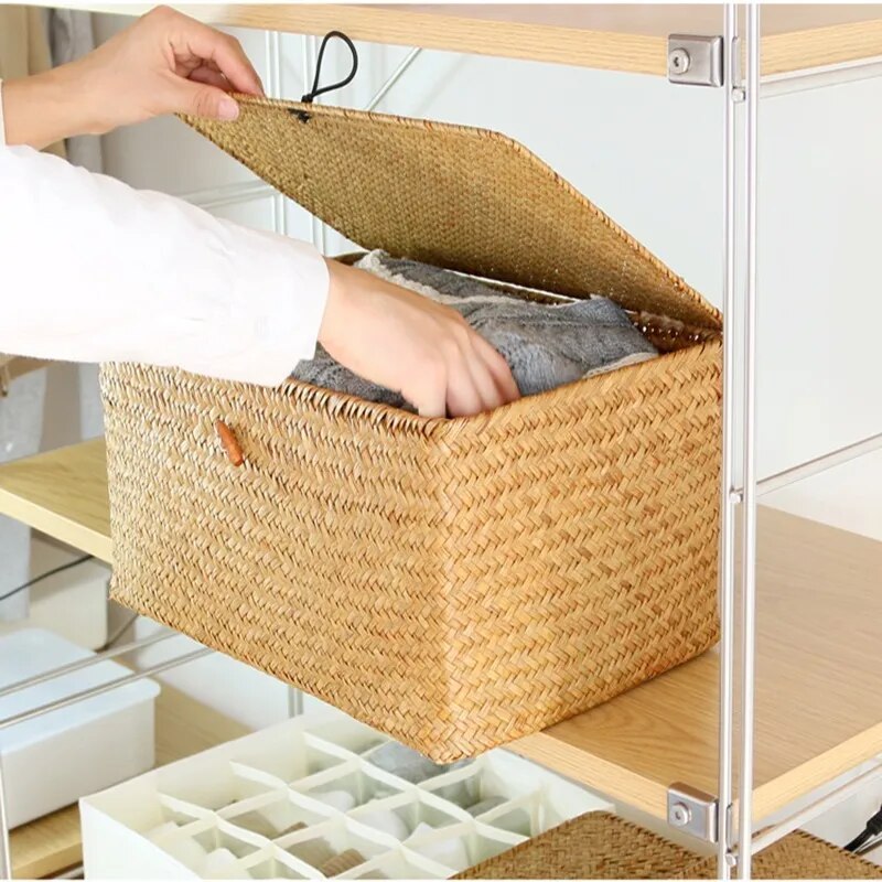 SkandiShop Seaweed Storage Basket Hand-woven Storage Box with Lid