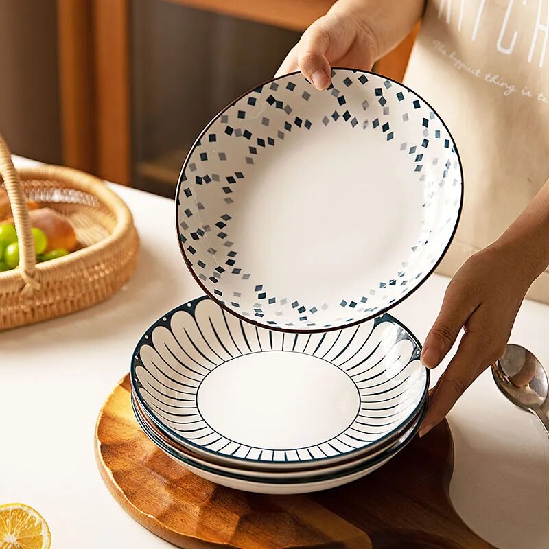 SkandiShop Dinner Plates Japanese Retro 8-Inch Deep Round Plate