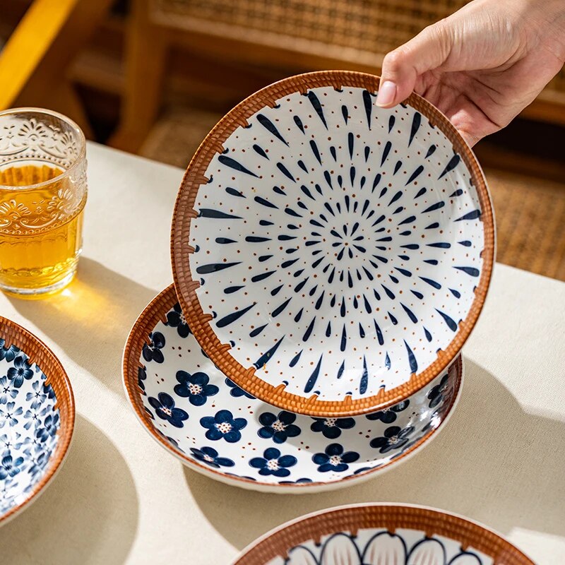 SkandiShop Dinner Plates Japanese Retro 8-Inch Deep Round Plate