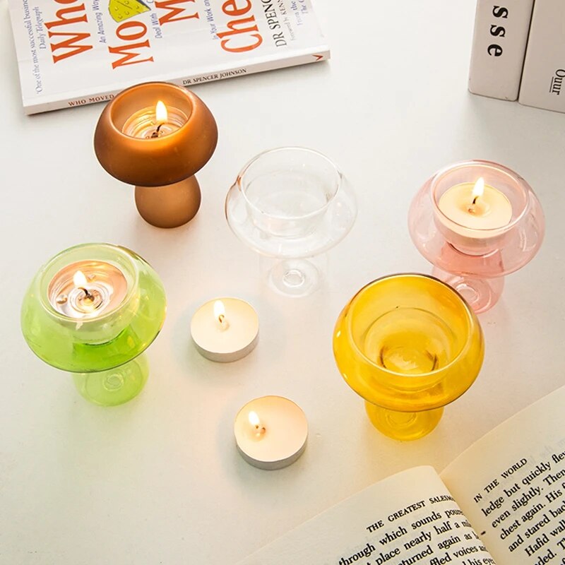SkandiShop Mushroom Glass Candlestick Ins Transparent Candle Holder